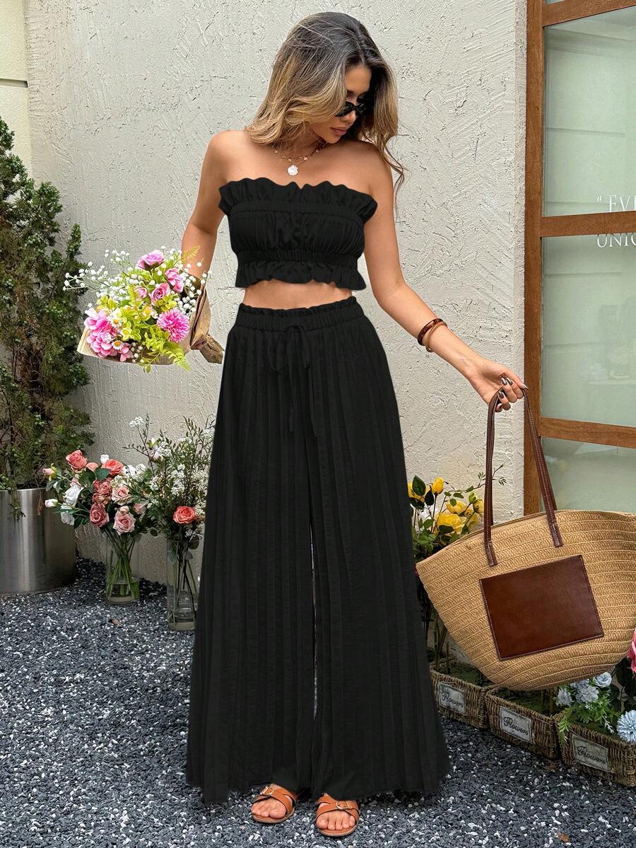 SHEIN LUNE Ensemble 2 pièces pour femmes : Top bandeau à volants romantique et pantalon large plissé, convient pour les vacances, la tenue de mariage