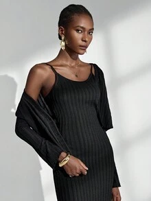 Almamuse 女士优雅修身针织长袖连衣裙套装