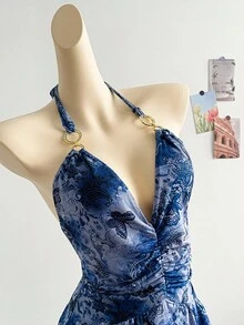 Dreamara Plus Size Romantic Halter Knit Mesh Blue Floral Print Dress - Blue - View 5