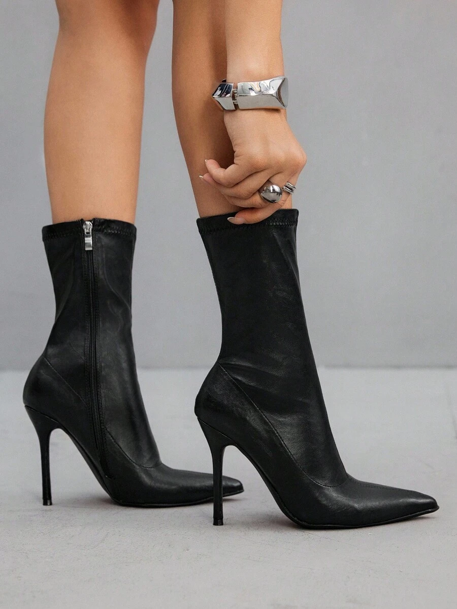 CUCCOO SZL Giày bốt cao đến mắt cá chân mũi nhọn thời trang dành cho nữ, thích hợp đi làm, hẹn hò, tiệc tùng, đi nghỉ - màu đen - Xem 1