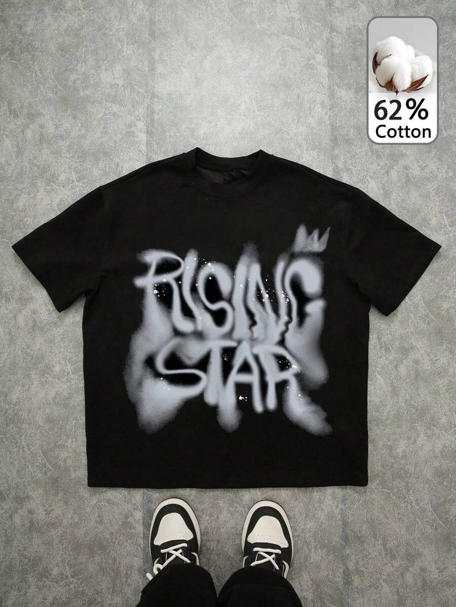 Attitoon 女式黑色针织斑点印花超大 T 恤，涂鸦字体标语，嘻哈风格，西海岸风格，街头服饰，Y2K，复古，垃圾摇滚，朋克，图案 T 恤，辣妹，返校节，返校，夜间外出/外出，秋季