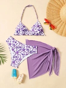 SHEIN Tween Girls Floral Bikini Set,Beach Attire,Leisure Vacation, Seaside Travel - Mauve Purple - View 1