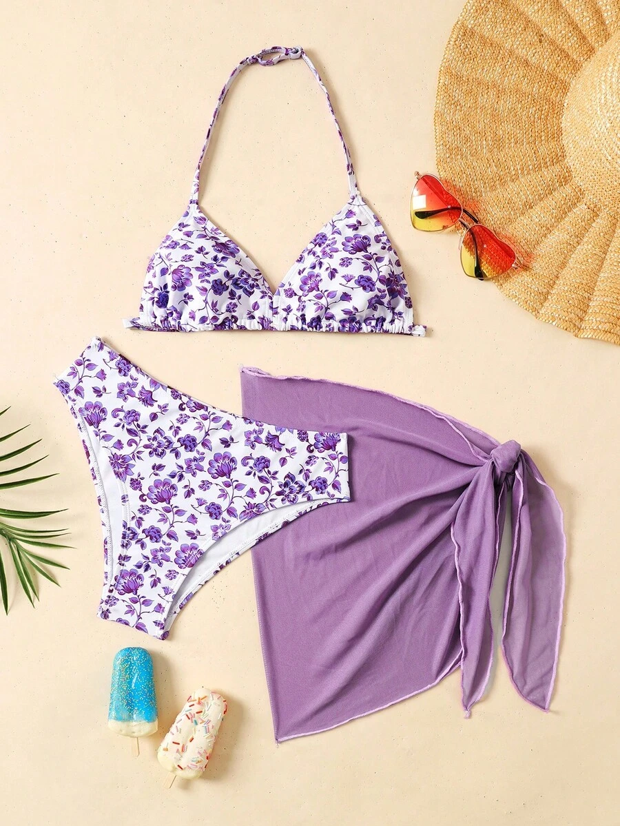 SHEIN Tween Girls Floral Bikini Set,Beach Attire,Leisure Vacation, Seaside Travel - Mauve Purple - View 1