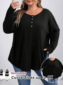 SHEIN CURVE+ Áo thun nữ tay dài cài nút phía trước màu đen, trang phục thường ngày/Mùa thu/Mùa đông - màu đen - Xem 1