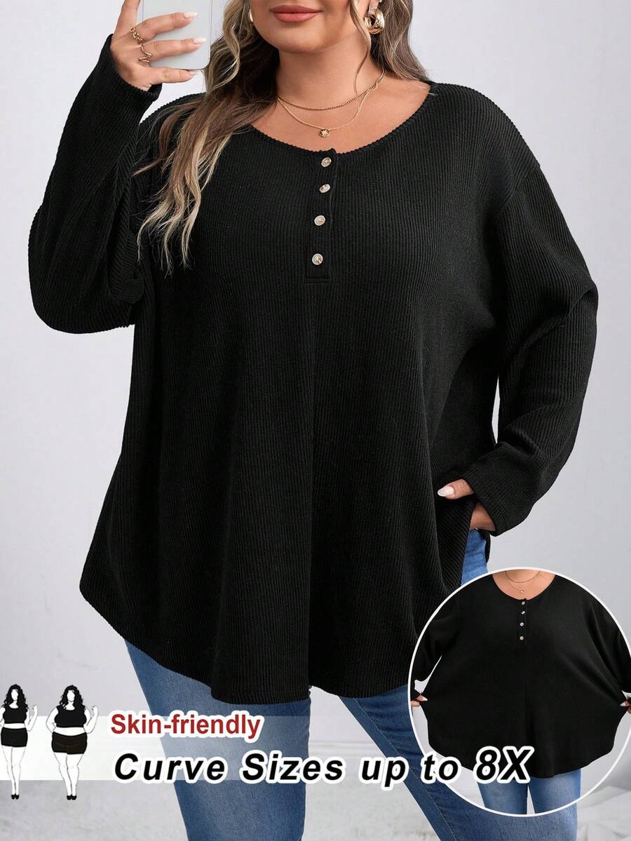 SHEIN CURVE+ Áo thun nữ tay dài cài nút phía trước màu đen, trang phục thường ngày/Mùa thu/Mùa đông - màu đen - Xem 1