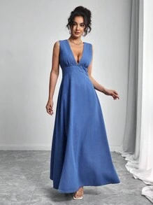 Elenzga Vestido de mezclilla de verano para mujer con cuello en V profundo, abertura alta en la falda, sin mangas y cintura ceñida - Azul - Ver 5