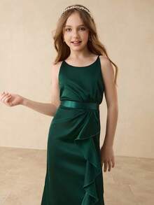 Flower Girl Dress With Satin Halter Neck, Ruched Hem, High Slit And Ruffle Trim, Elegant For Wedding, Christmas, Halloween, Party, Graduation - Green - View 5
