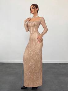 Aloruh 女士秋冬新款性感S形蕾丝长袖紧身胸衣方领修身长裙，适合派对、约会、晚会 - 卡其色 - 查看 4