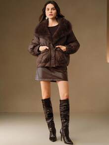 Anewsta Women's Fashionable Solid Color Fur Collar Jacket, Winter - Brown - View 4