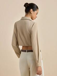 Airaco Áo sơ mi dài tay đơn sắc cài nút phía trước cho nữ, Áo dài tay - Màu Khaki - Xem 2