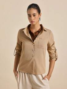 Airaco 1 件女式休闲纯色长袖衬衫（带袖口）、长袖上衣 - 卡其色 - 查看 2