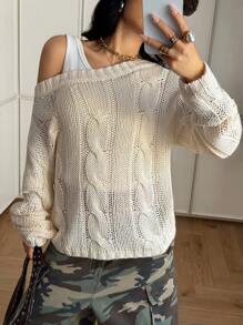 StreetHx Women's Streetwear Solid Color Button Twist Oblique Shoulder Casual Long Sleeve Sweater Top - Apricot - View 6