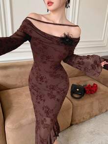Modelyn Flockiertes Herbst-/Winterkleid im eleganten Retro-Muster für Lehrerinnen - Bordeaux - Übersicht 5