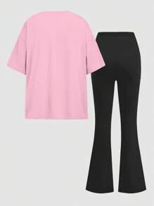 SHEIN 2 件可爱卡通蓝兔露露，清新粉色，针线图案少女休闲简约短袖上衣和裤子套装，适合夏季 - 彩色 - 查看 3