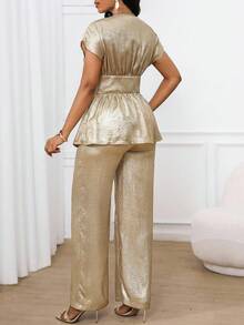 SHEIN Lady Women's Two Pieces Suits Elegant Gold Hot Stamping Fabric Tops And Wide-Leg Pants Casual Suits,Summer Holiday Dinner Business Casual 2025 New Style - Khaki - View 2