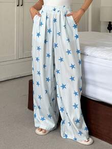 DAZY 条纹星星印花宽松女式睡裤，秋季 - 寶藍色 - 查看 4