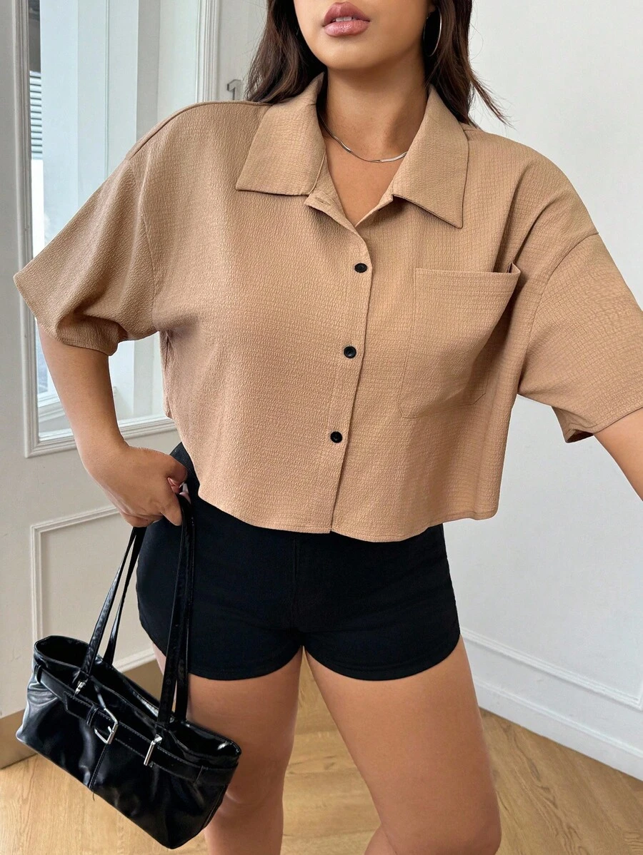 SHEIN EZwear Plus Drop Shoulder Pocket Patched Shirt