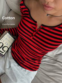 SHEIN EZwear Áo thun nữ sọc đen đỏ chất liệu cotton pha trộn mới có khóa kéo nửa thân - Đỏ - Xem 7