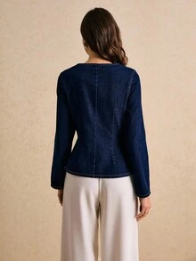 Poéselle Women's Square Neck Long Sleeve Single-Breasted Casual Denim Coat Navy Blue Denim Coat Denim Top Women - Dark Wash - View 3