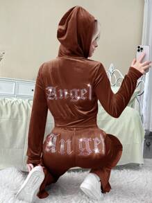 SHEIN Tween Girl Velvet Rhinestone Pocket Hooded Zip-Up Sweatshirt And Slim Flare Pants Casual Elegant 2 Pieces Set, Girl Brown Two Piece Set, Girl Co Ord Set, Girls Brown Velour Tracksuit, Girls Rhinestone Two Piece Fall Winter