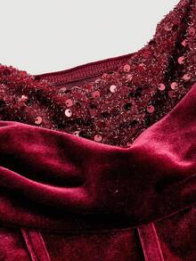 SHEIN MOD 女士酒红色天鹅绒亮片装饰无袖连衣裙，秋冬女装，派对礼服，优雅婚纱，正式礼服，晚礼服，时尚婚礼，派对服装，连衣裙，毕业礼服，舞会礼服，闪亮礼服，圣诞节 - 酒紅色 - 查看 4