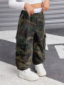 SHEIN 年轻女孩牛仔字母印花松紧腰迷彩慢跑裤