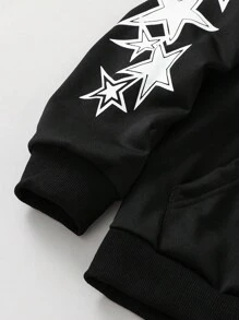 PAVTROS Star Print Streetwear Tween Boys Hooded Zip Up Jacket Chic Outfits For Autumn/Winter - Black - View 4