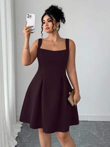 SHEIN Elenzya 大码女式纯色无袖方领收腰A字连衣裙 - 中紫紅色 - 查看 1