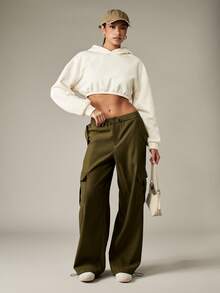 MISSGUIDED 阔腿工装降落伞裤高腰抽绳休闲宽松军装风格秋冬日常街头服饰节日时尚长裤 - 軍綠色 - 查看 3