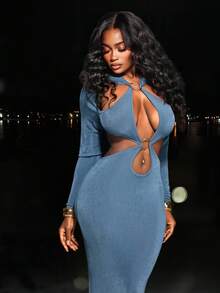 BamGleam 女士优雅性感镂空长袖连衣裙