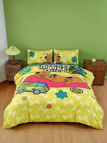 SCOOBY-DOO X SHEIN 3pc Soft & Cozy Cartoon Dog & Floral Print Duvet Cover Set,Suitable For Single Bed/Double Bed/Queen Bed/King Bed, Dormitory/Home - Green - View 2