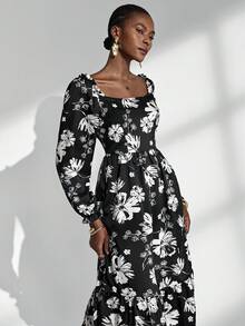 Chiquease Schwarzes romantisches Blumenkleid, Vintage französischer Quadratausschnitt, elegantes und modisches Langkleid für Frauen, Frühling/Sommer - Schwarz - Übersicht 1