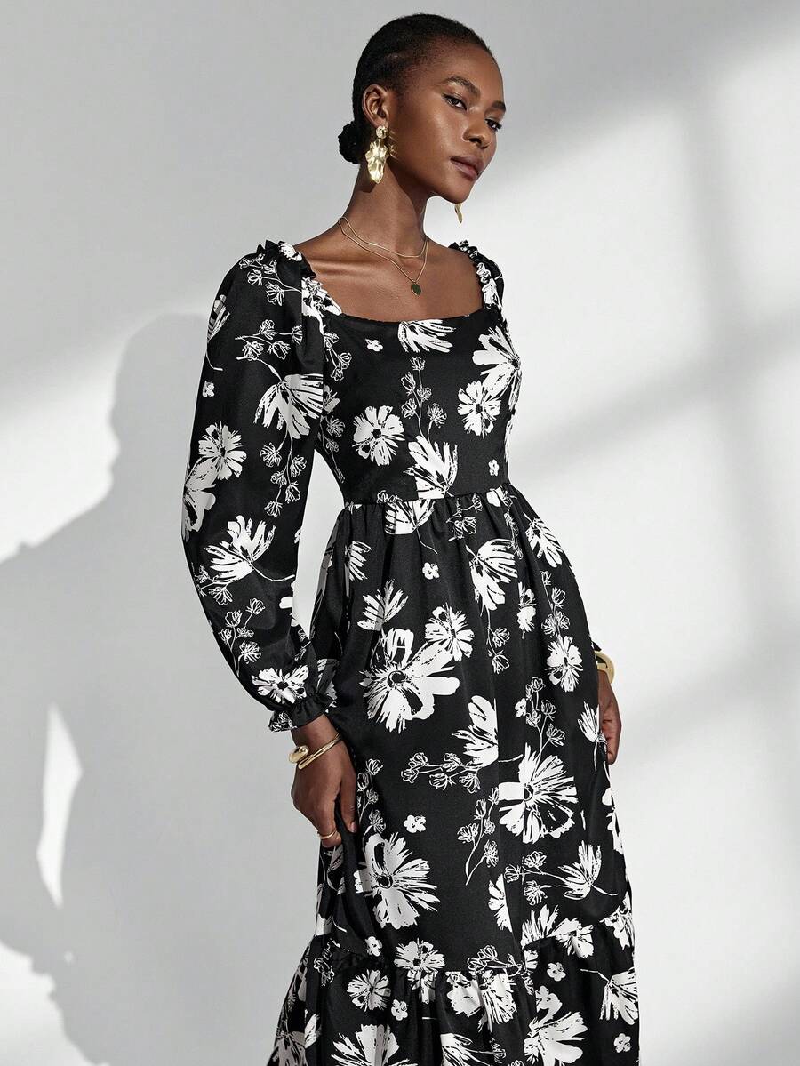 Chiquease Schwarzes romantisches Blumenkleid, Vintage französischer Quadratausschnitt, elegantes und modisches Langkleid für Frauen, Frühling/Sommer - Schwarz - Übersicht 1