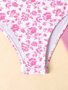 SHEIN Setelan Baju Renang 3 Potong untuk Remaja Perempuan dengan Rok, Setelan Bikini Motif Bunga dengan Sarung, Baju Renang Remaja, Putih, Musim Panas, Tropis, Pantai, Liburan, Pakaian Liburan - Baby Pink - View 5