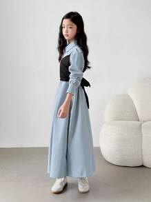 Tween Girls Casual Korean Style 2 In 1 Dress, Suitable For Daily Wear And School - Blue - View 4