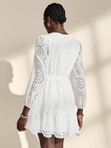Almamuse Robe longue à manches longues avec ourlet à volants brodés blanc unicolore pour femmes - Blanc - Voir 2