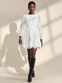 Almamuse Robe longue à manches longues avec ourlet à volants brodés blanc unicolore pour femmes - Blanc - Voir 3