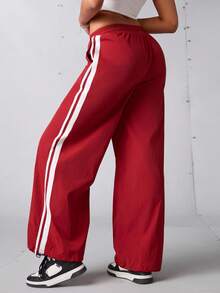SHEIN Sports Women's Casual Drawstring Waist Contrast Striped Side Loose Wide Leg Sports Pants,Red Track Activewear Workout Pants - Red - View 3