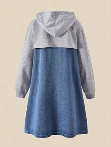 SHEIN Explorewe 1pc Girls' Fashionable 2 In 1 Hooded  Patchwork Long Sleeve Dress, Suitable For Spring/Autumn Commuting And Campus Wear - Multicolor - View 3
