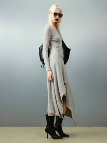 Airlisse Black & White Striped Asymmetrical Hem Dress Fall Cloth For Women - Grey - View 4