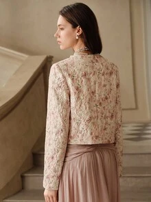 Savoree Romantic, Elegant, Exquisite Lady's Floral Print, Embossed Texture, Sequins Decor Long Sleeve Round Neck Short Jacket, Suitable For Spring & Autumn