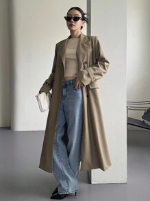 DAZY 女士宽松长款双排扣口袋长袖休闲街头春秋季风衣外套商务装 - 棕色 - 查看 5