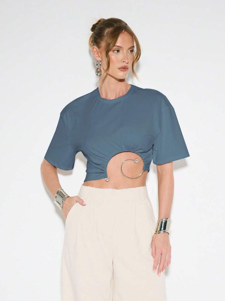KIZN Crop Top With Metal Ring Detail Short Sleeve