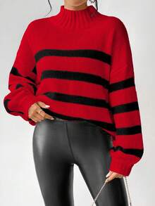 SHEIN LUNE Casual Colorblock Striped Stand Collar Sweater, Autumn/Winter Fall Cloth For Women - Red - View 3