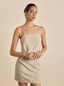 Airaco Women's Summer Casual Solid Color Spaghetti Strap Mini Dress - Apricot - View 5