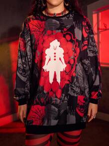 IT x SHEIN 大码恐怖电影图案圆领长袖T恤 - 彩色 - 查看 5