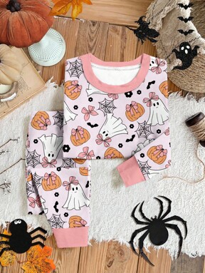 Cute Halloween Spooky Ghost, Pink Bow Pumpkin Floral Pattern, Spooky Cute, Trick Or Treat, Young Girl Casual Soft Comfortable Long Sleeve Pants Pajamas Suitable For Autumn/Winter, Scream, Halloween Pumpkin, Ghost, Bow, Trick Or Treat, Spooky Cute, Spooky Season, Autumn Outfits For Easy Comfort, Autumn Layers, Stylish, Casual Wear