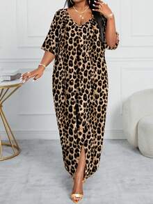 SHEIN Lady CURVE 大码 V 领长袖纯色拼接宽松休闲连衣裙长袍万圣节服装万圣节服装 - 棕色 - 查看 4