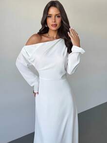 Firerie Vestido de mujer nuevo, elegante y casual para uso diario y urbano, con cuello asimétrico blanco, manga larga, volantes en el bajo y cinturón en la cintura. Vestido con cuello asimétrico, atuendo para el aeropuerto, atuendos de vacaciones, temporada de regreso a la escuela - Blanco - Ver 4