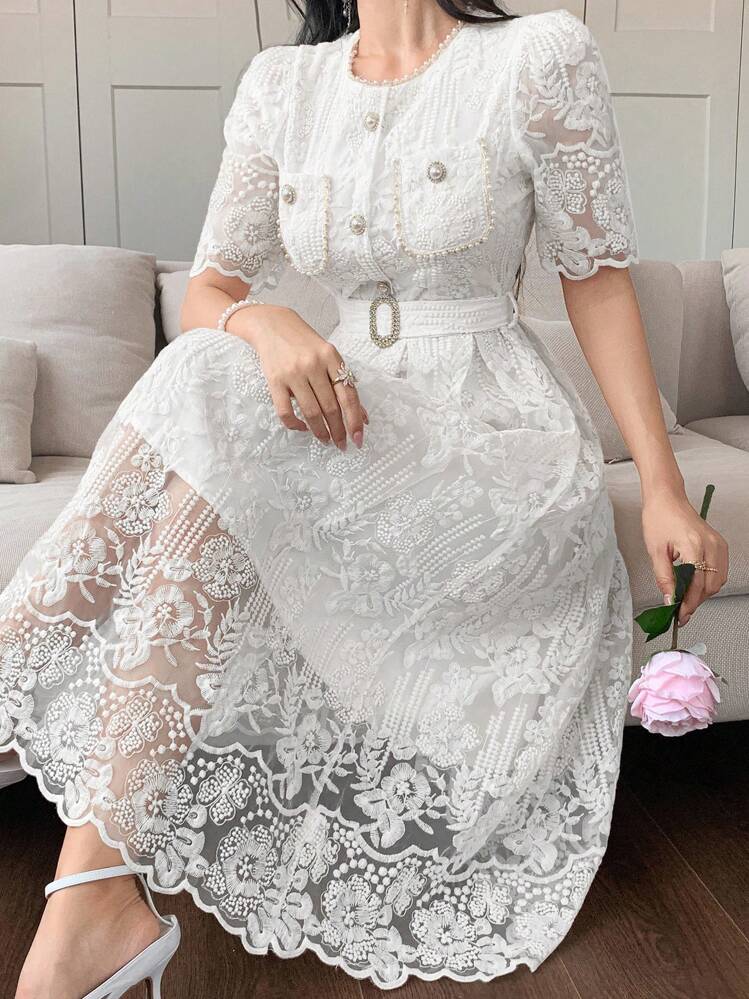 DAZY Vestido Longo Elegante de Mulher, Estilo Coreano Romântico e Jovem, com Bordado e Cadarço, Vestido de Verão Suave para Mulheres - Branco - Visão 5